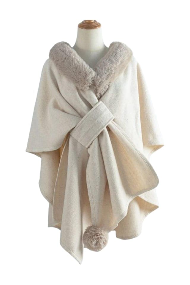 Eleganckie damskie poncho z futerkiem Beżowe